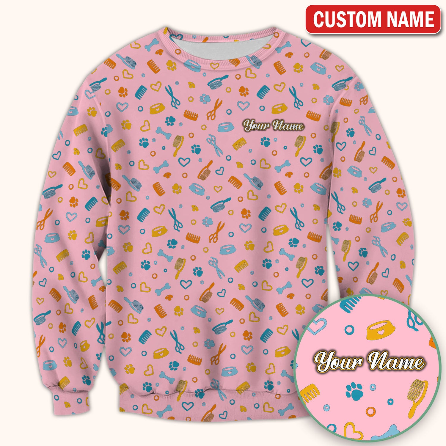 Custom Name Dog Cat Grooming Pattern Scrub Top, Breathable Fabrics Nursing Uniform