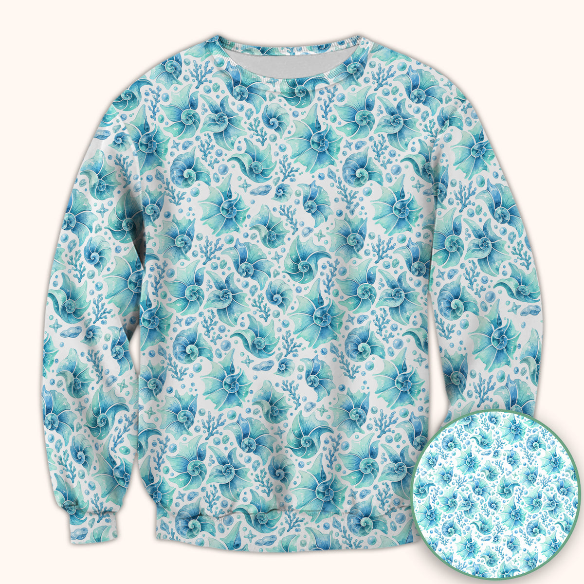 Blue Watercolor Seashell Pattern Scrub Top, Comfortable Scrubs for Nurses