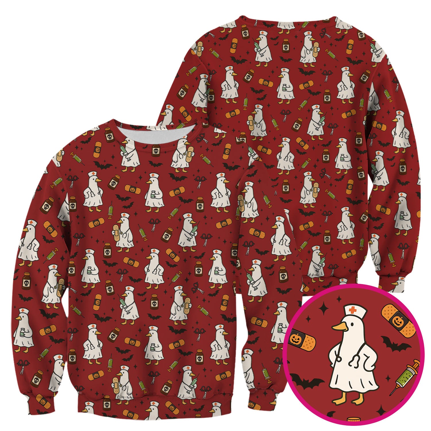 Cute Duck Pattern Nurse Scrub Top - Funny Goose Halloween Medical Design - Playful Spooky Nursing Shirt for RN LPN CNA Women