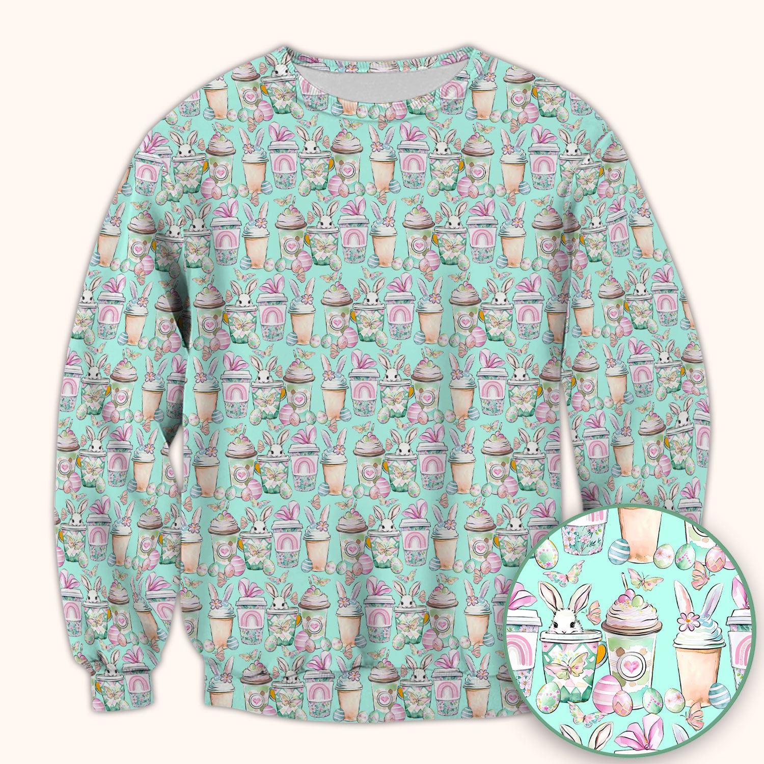 Cute Easter Bunny Coffee Cup Pattern Scrub Top, Comfortable Scrubs for Nurses