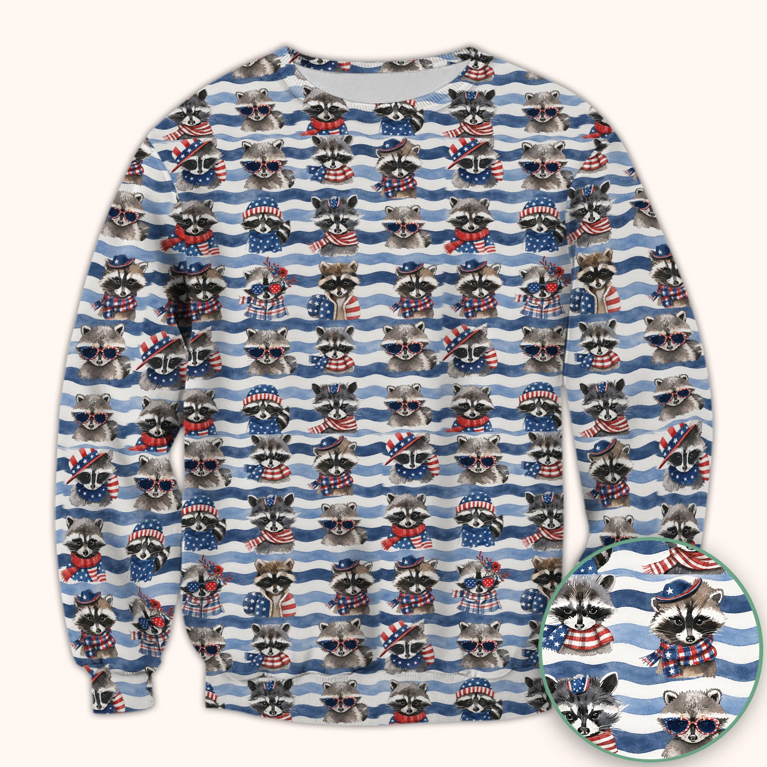 Patriotic Raccoon Watercolor Stripe Pattern Scrub Top, Comfortable Scrubs for Nurses