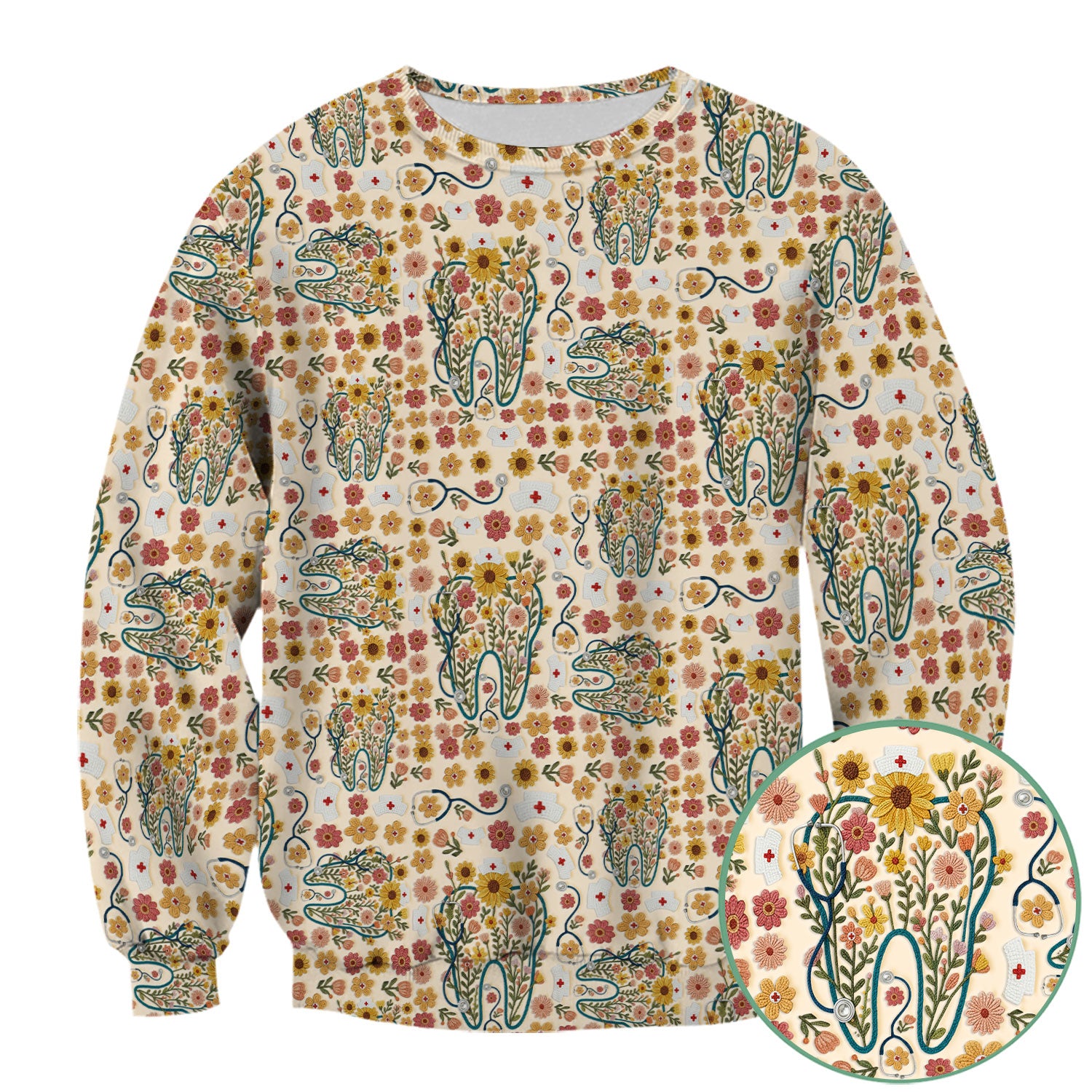 Boho Floral Tooth Scrub Top - Aesthetic Dental Scrubs for Women - Cute Flower Tooth Pattern Medical Uniform - Hygienist Christmas Gift
