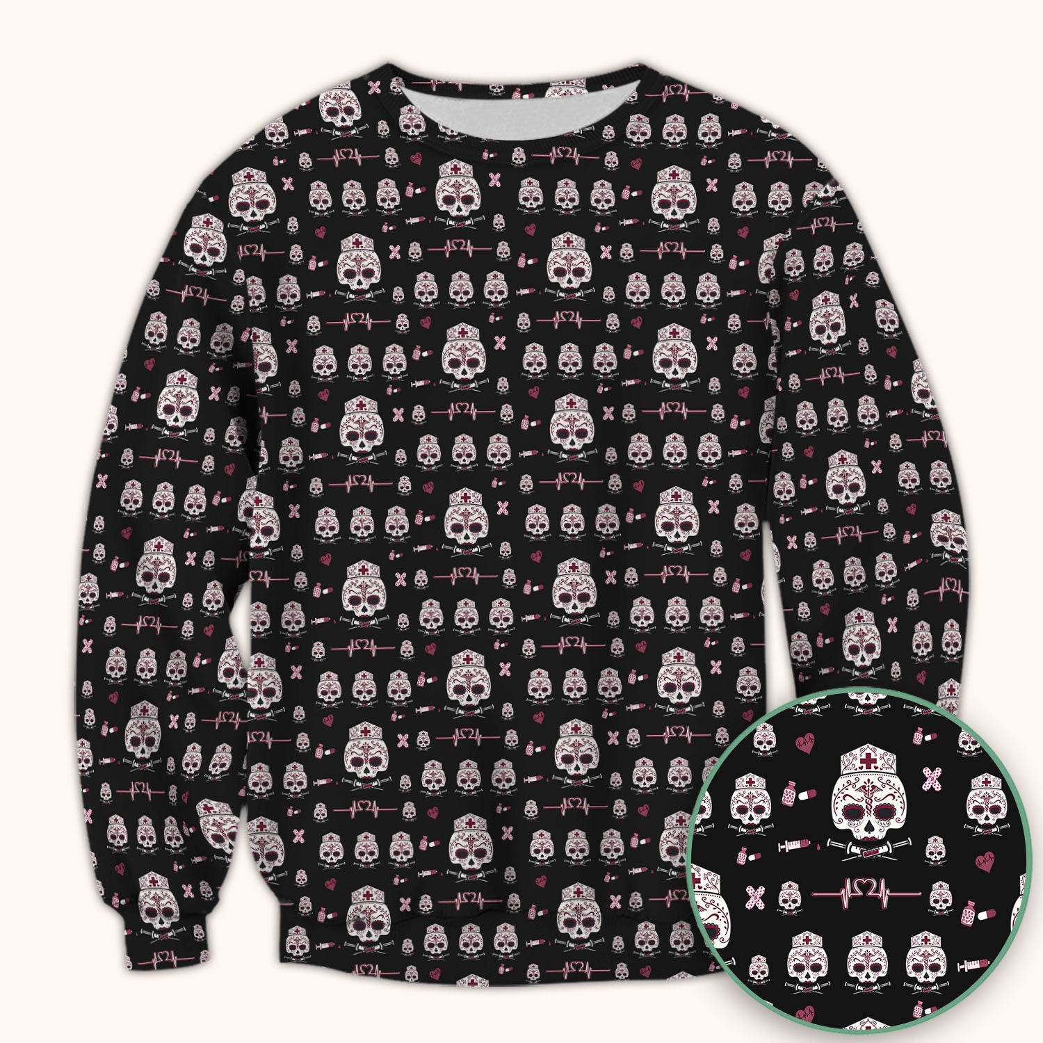 Sugar Skull Scrub Top, Skull Pattern Scrub Shirt, Breathable Fabrics Nursing Uniform