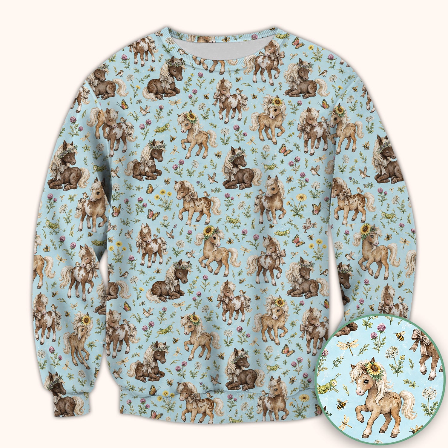 Cute Pony Garden with Butterfly Floral Meadow Print Scrub Top, Comfortable Scrubs for Nurses