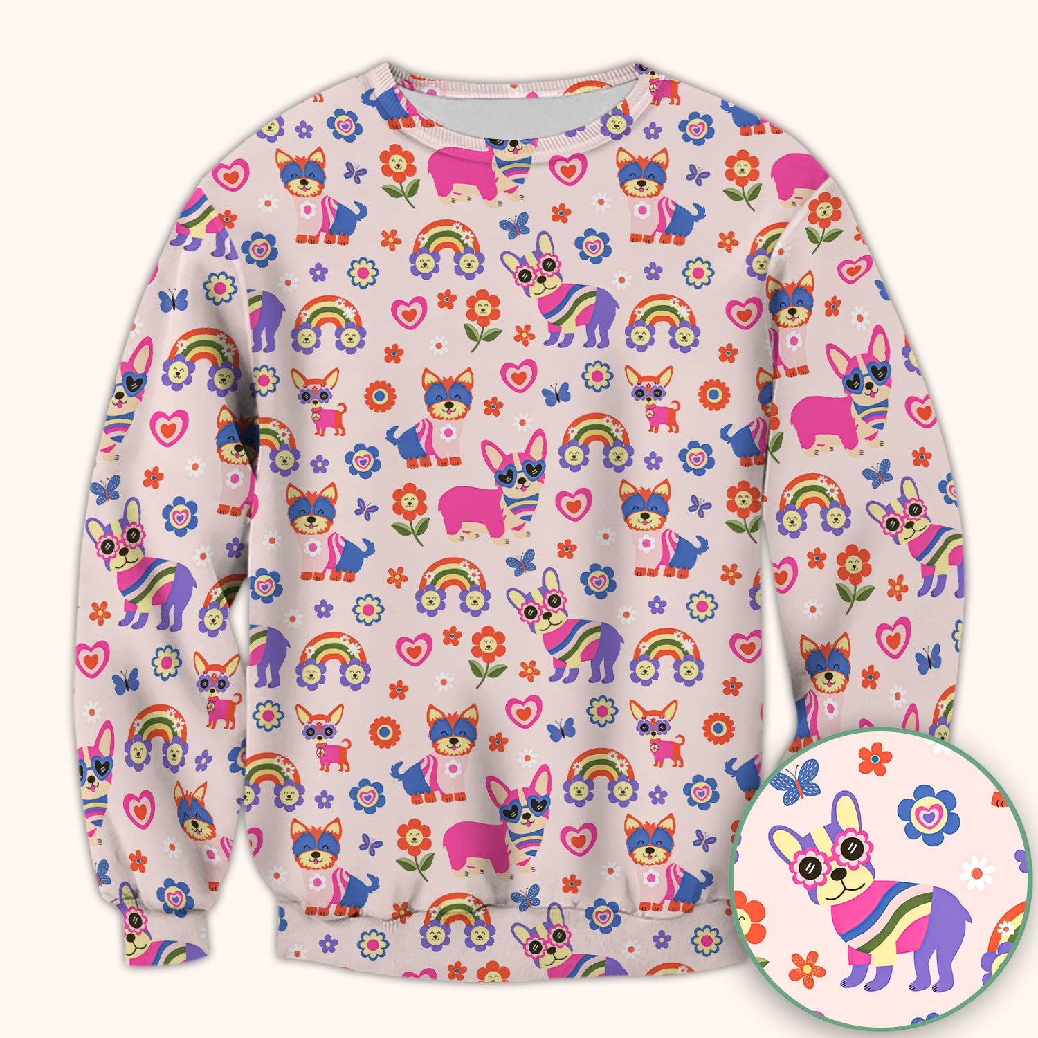 Colorful Cartoon Dogs With Rainbow Flowers Pattern Scrub Top, Breathable Fabrics Nursing Uniform