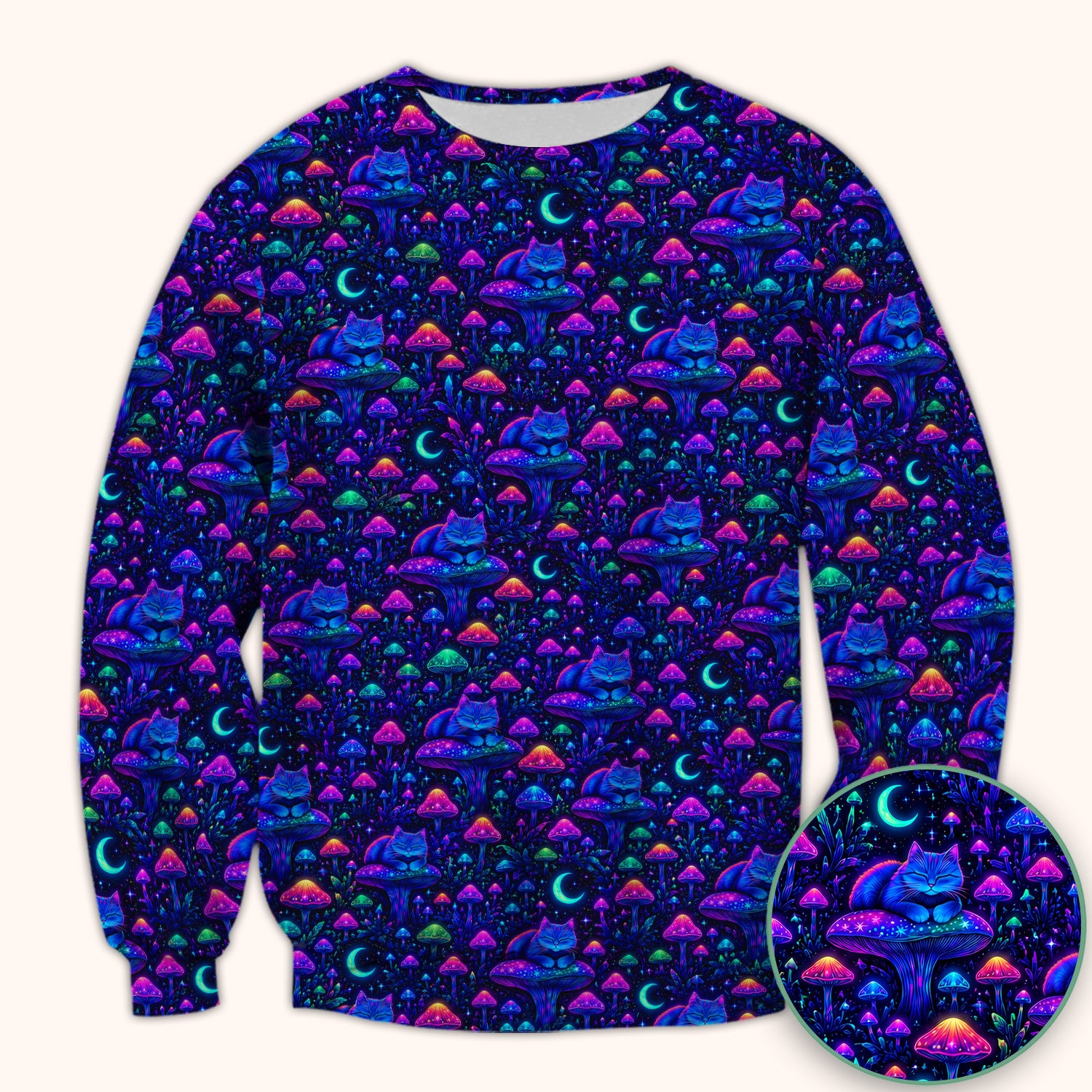 Neon Mushroom Cat Galaxy Scrub Top, Psychedelic Night Forest Nursing Uniform