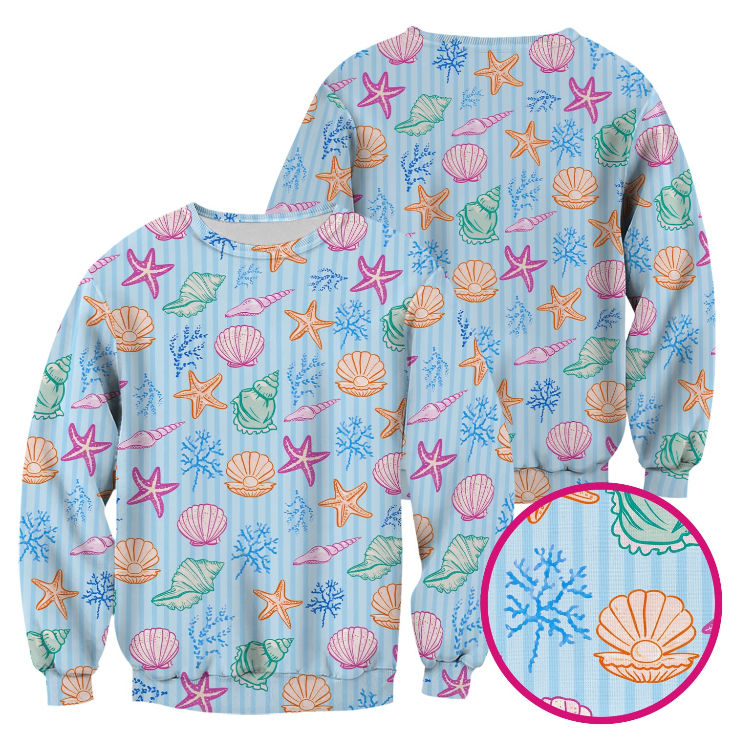 Colorful Seashell Starfish Ocean Stripe Pattern Scrub Top, Breathable Fabrics Nursing Uniform
