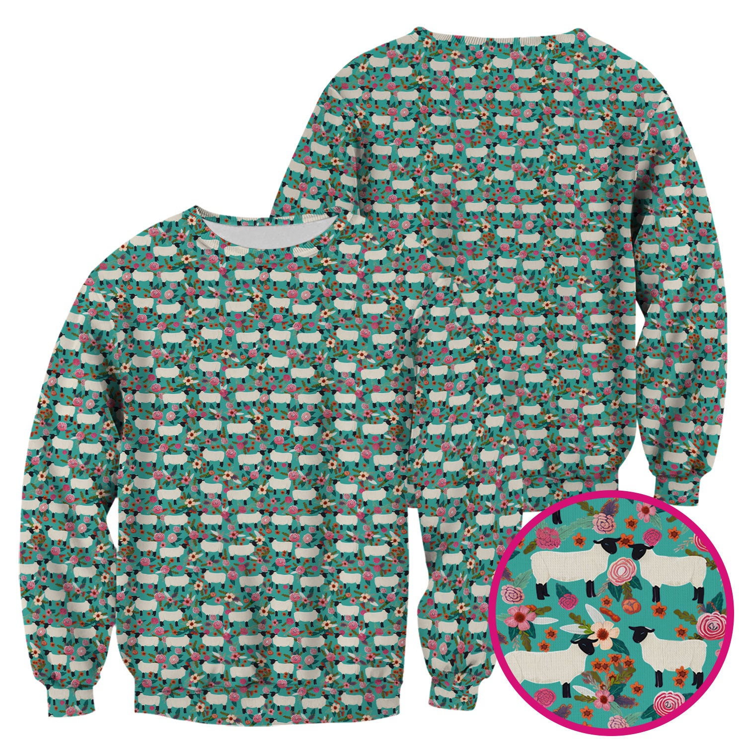 Cute Sheep Floral Meadow Pattern Scrub Top, Comfortable Scrubs For Nurses