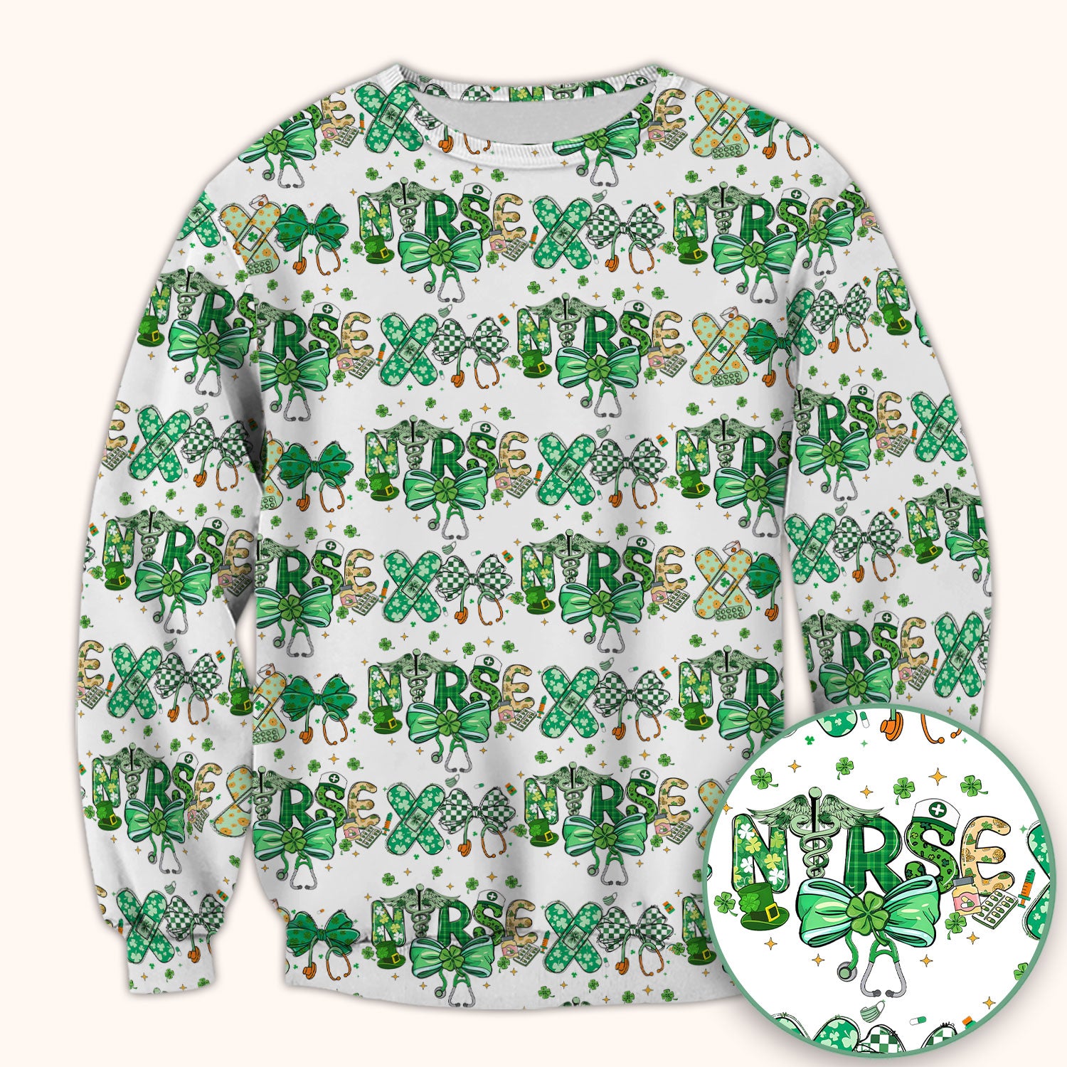 St. Patrick’s Nurse Scrub Top, Lucky Clover And Green Bow Pattern Nurse Shirt, Breathable Fabrics Nursing Uniform