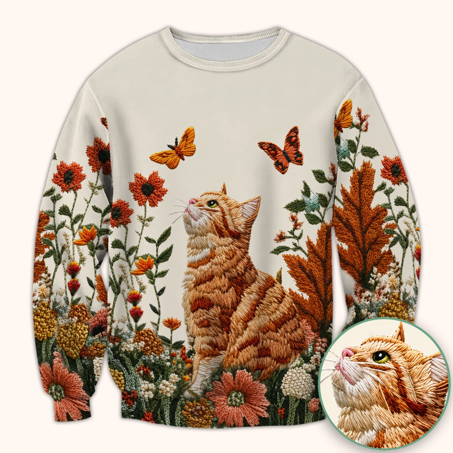 Embroidered Orange Cat Wildflower Pattern Scrub Top, Comfortable Scrubs for Nurses