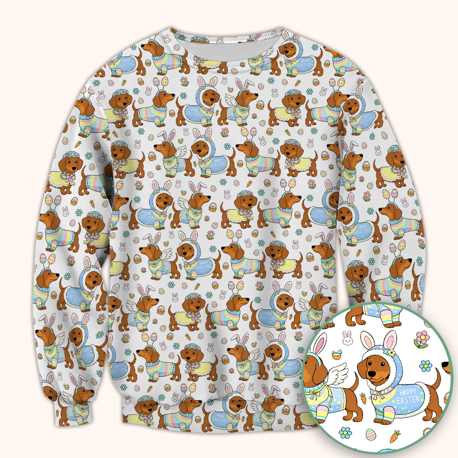 Easter Dachshund Bunny Print Scrub Top, Breathable Fabrics Nursing Uniform