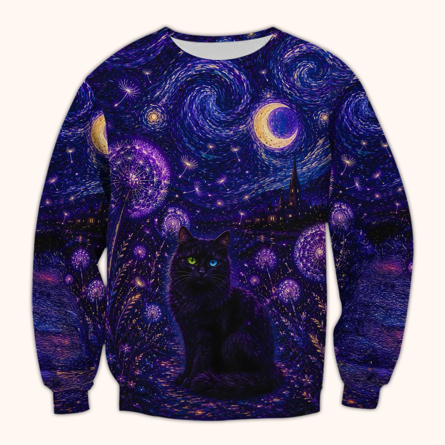 Mystical Black Cat Starry Night Print Scrub Top, Comfortable Scrubs for Nurses