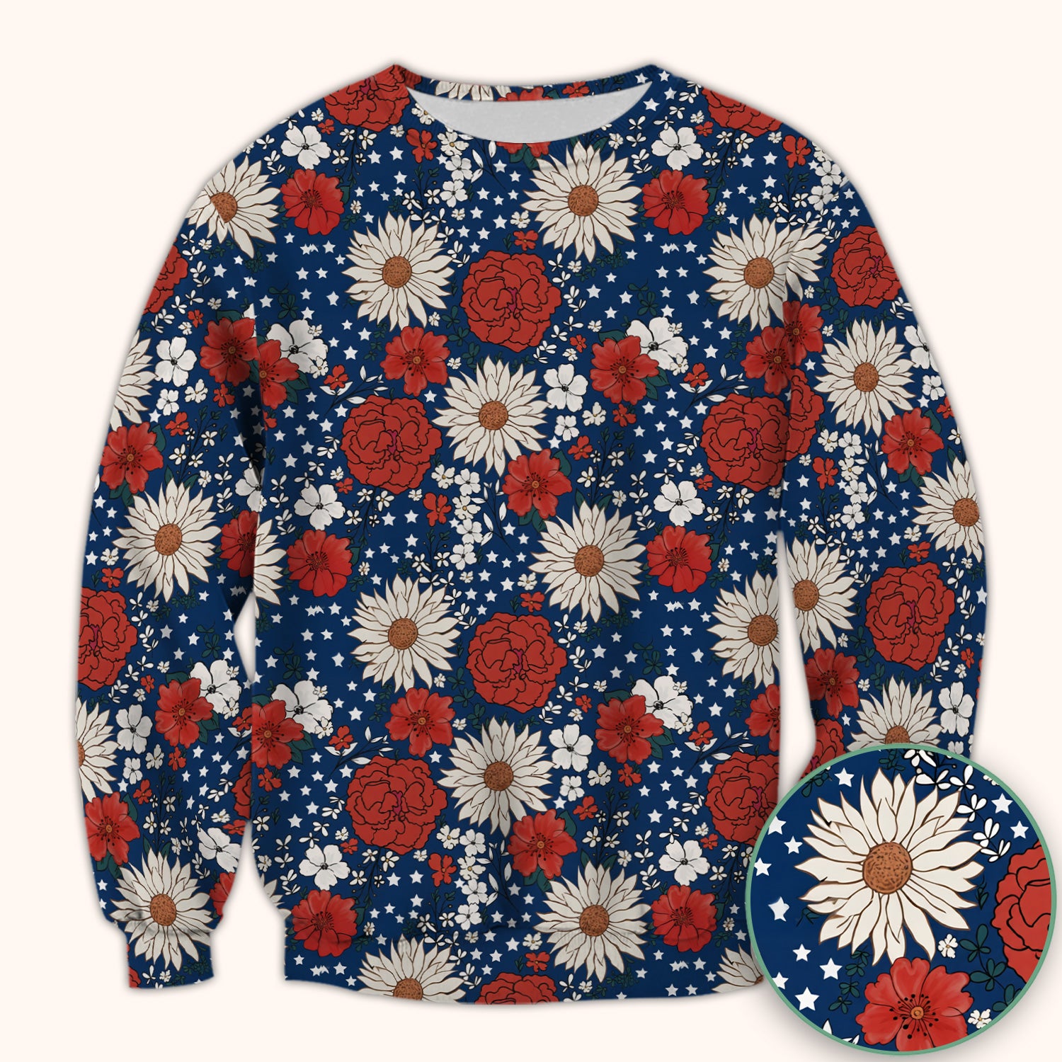 Red White Blue Floral Pattern Scrub Top, Comfortable Scrubs for Nurses