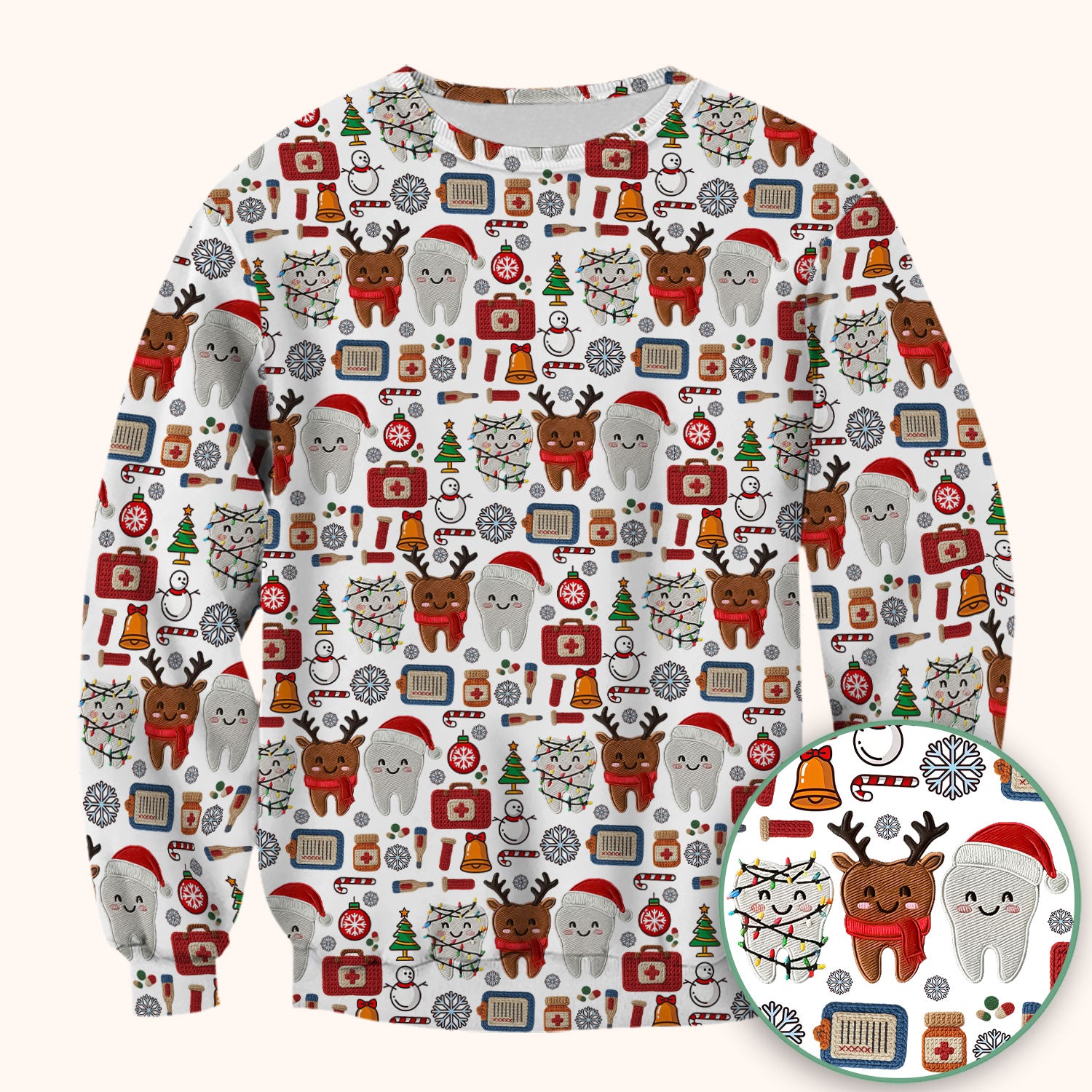 Christmas Dental Scrub Top - Cute Santa & Reindeer Tooth Shirt - Funny Holiday Medical Uniform for Dentists, Hygienists & Nurses