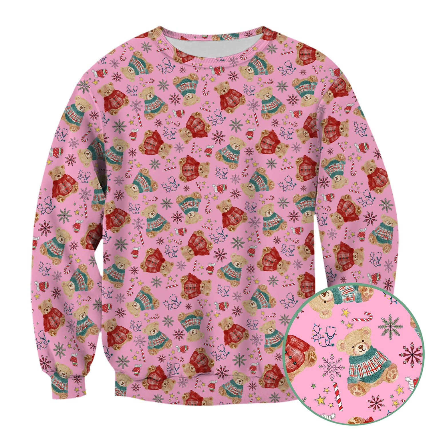 Christmas Bear Scrub Top - Cute Holiday Teddy Print Scrubs for Nurses - Funny Xmas Medical Scrub Shirt Gift for Women CNA RN