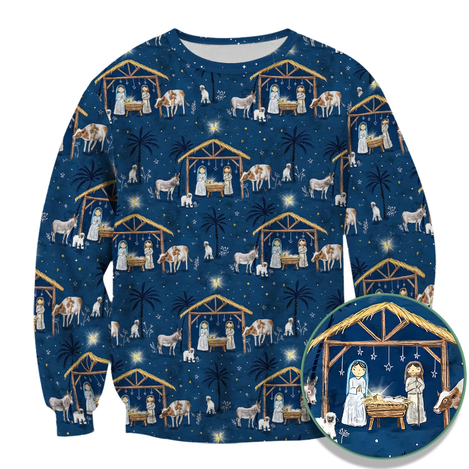 Christmas Nativity Scrub Top for Women - Holy Night Manger Scene - Religious Holiday Nursing Uniform Shirt