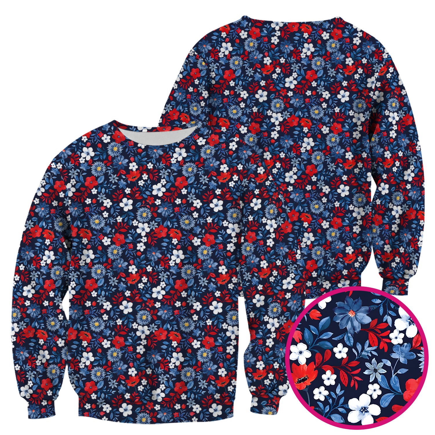 Classic Floral Print V Neck Scrub Top for Nurses, Blue Red Medical Uniform