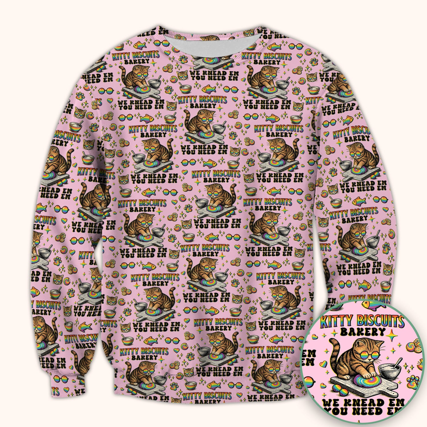 Pride Nurse Cat Baking Rainbow Dough Pattern Scrub Top, Breathable Fabrics Nursing Uniform