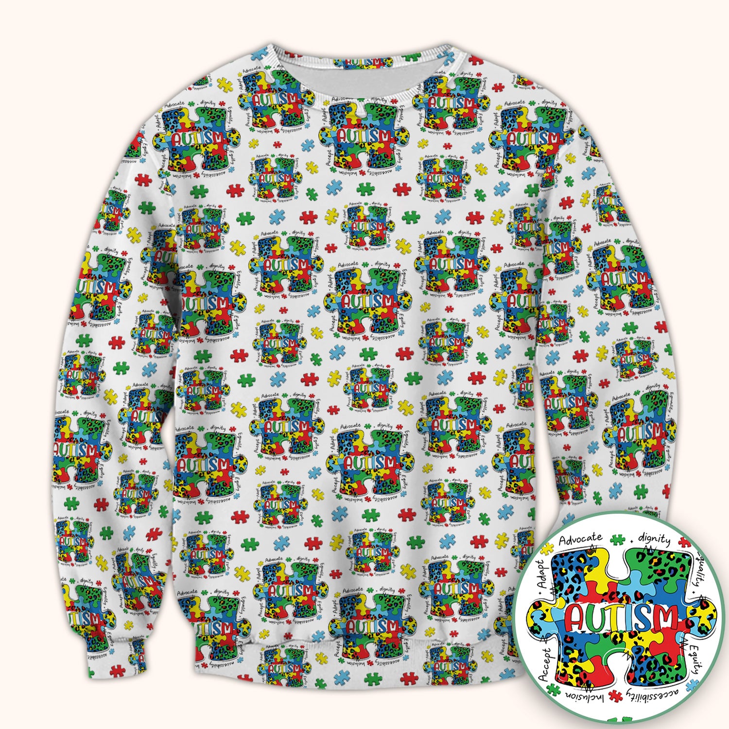 Autism Awareness Puzzle Pattern Scrub Top, Breathable Fabrics Nursing Uniform