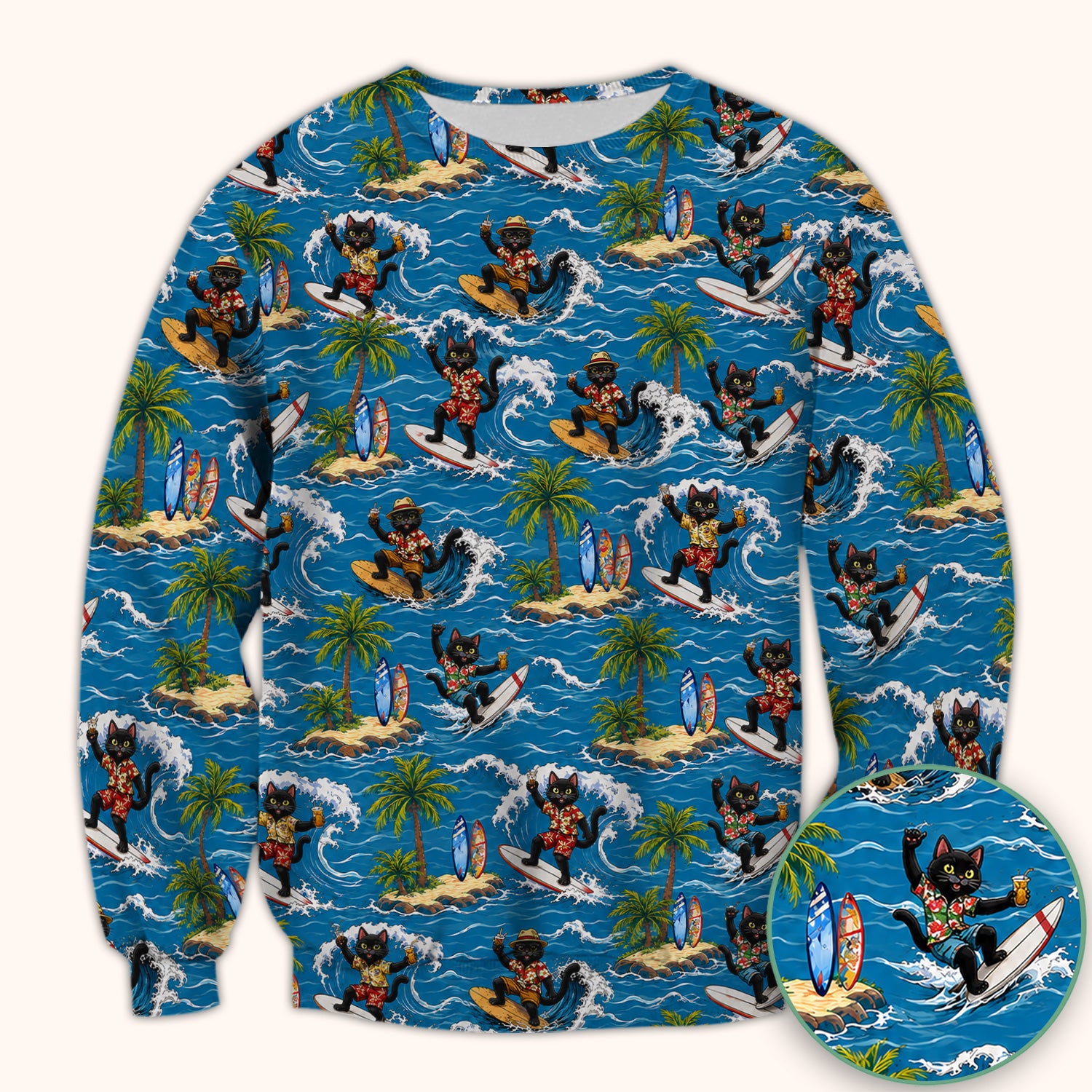Tropical Black Cat Surfer Island Pattern Scrub Top, Comfortable Scrubs for Nurses