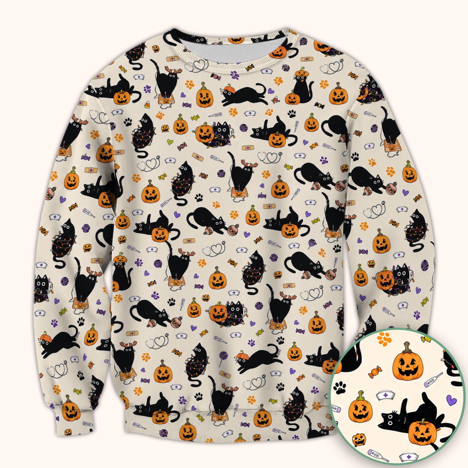 Pumpkin Black Cat Pattern Scrub Top, Comfortable Scrubs for Nurses