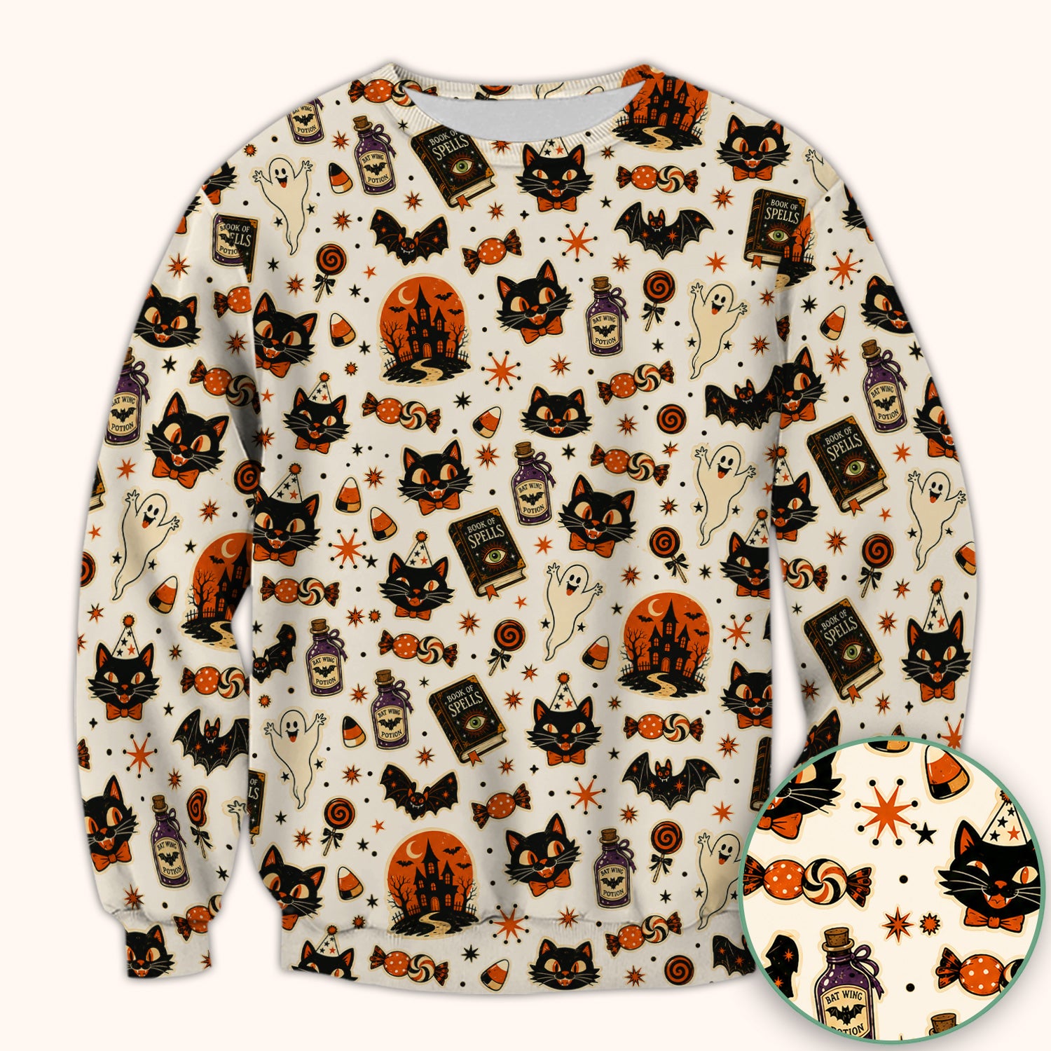 Halloween Black Cat with Ghost Candy Print Scrub Top, Comfortable Scrubs for Nurses