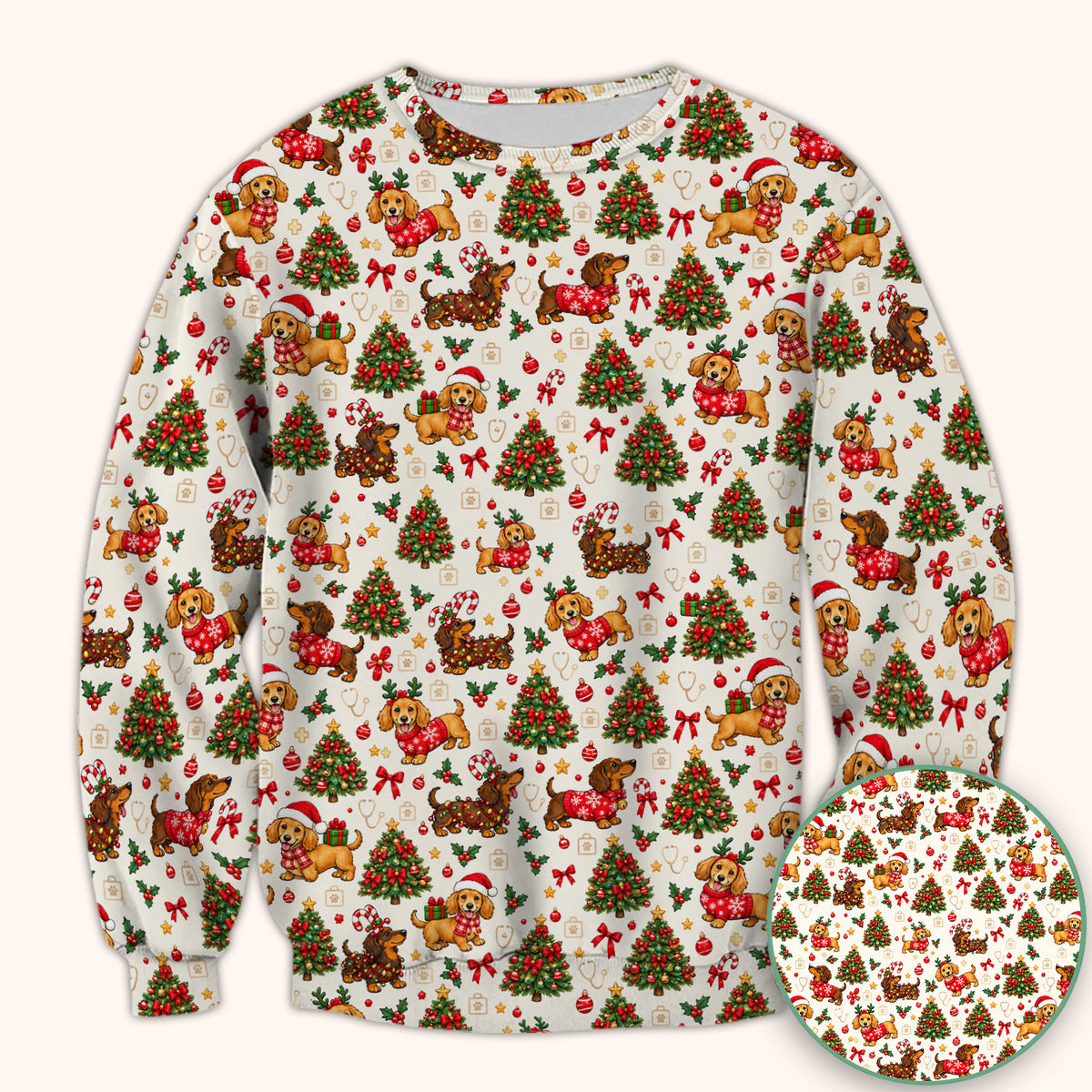 Cute Christmas Dachshund And Tree Pattern Scrub Top, Comfortable Scrubs for Nurses