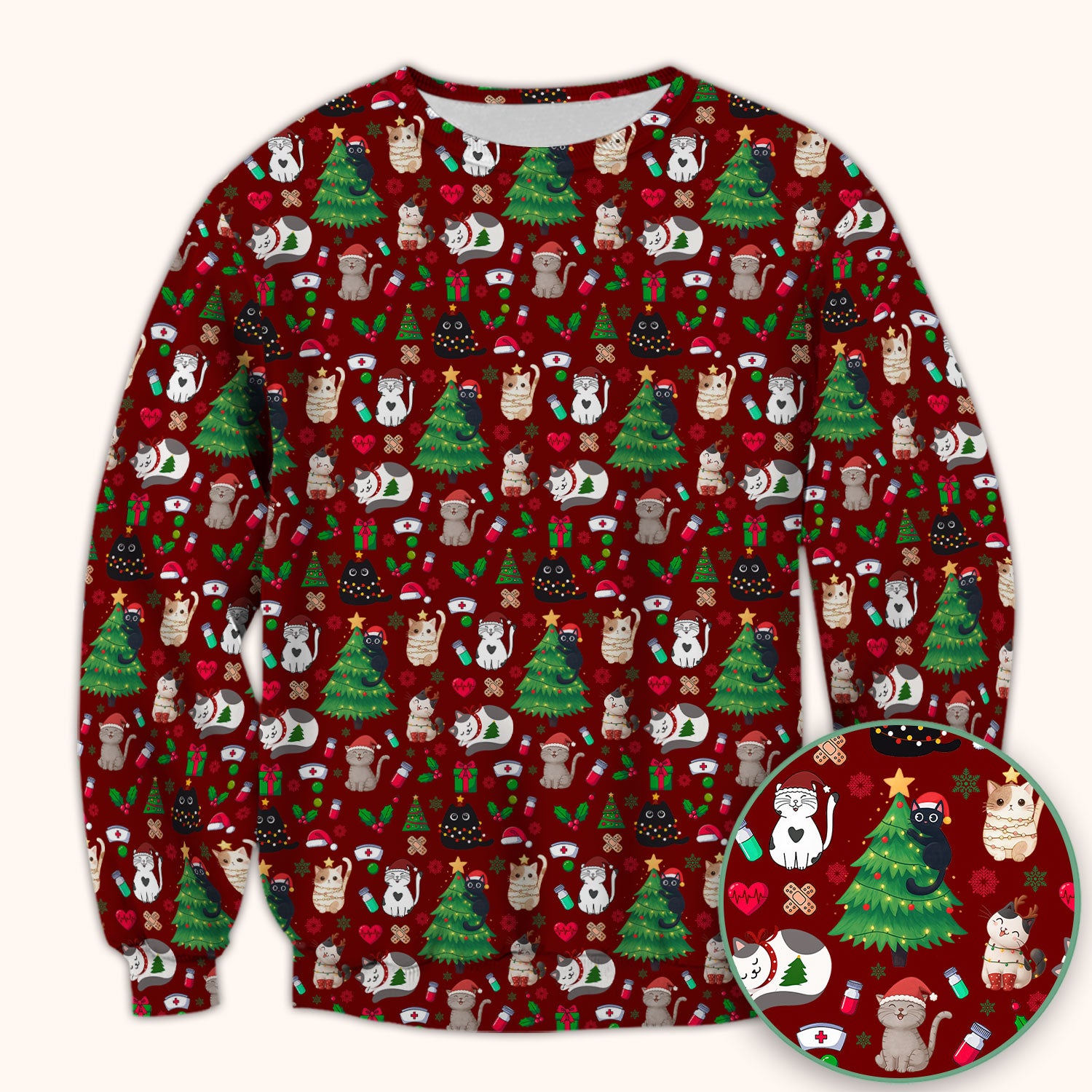 Christmas Cat Scrub Top, Xmas Pet Pattern Scrub Shirt, Breathable Fabrics Nursing Uniform