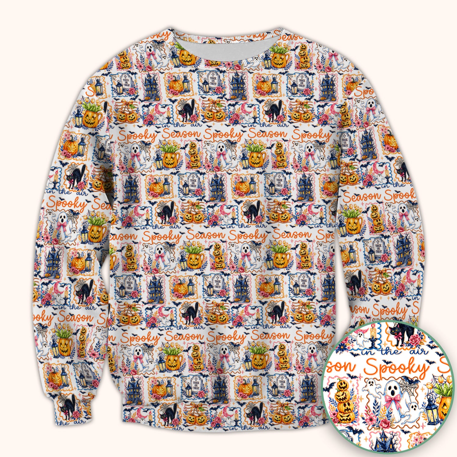 Spooky Halloween Pumpkin Ghost Pattern Scrub Top, Comfortable Scrubs for Nurses