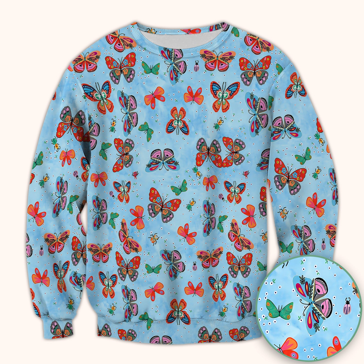Colorful Butterfly Garden Pattern Scrub Top, Breathable Fabrics Nursing Uniform