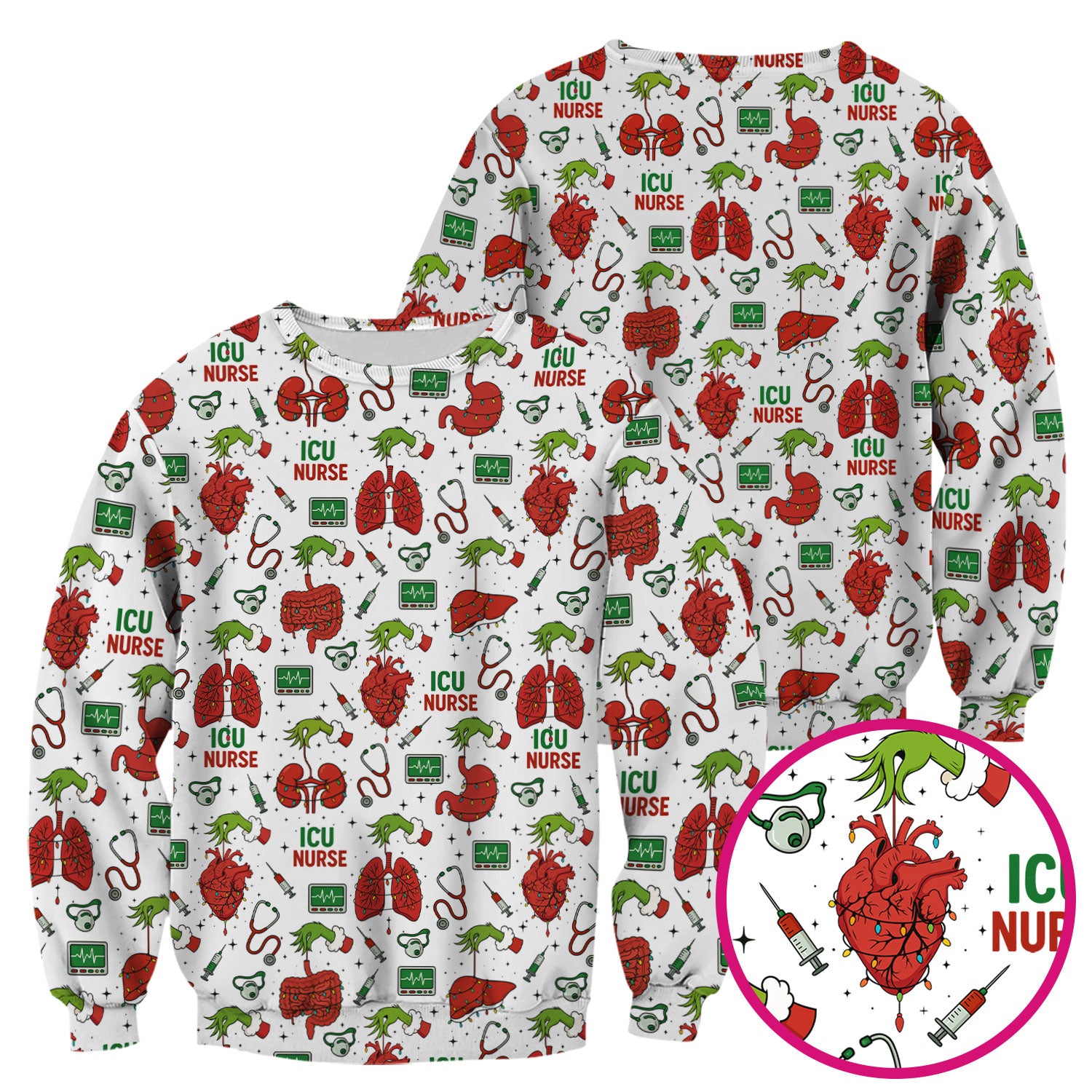 Christmas ICU Nurse Scrub Top - Funny Heart Anatomy Pattern - Holiday Nursing Shirt Gift for RN LPN CNA