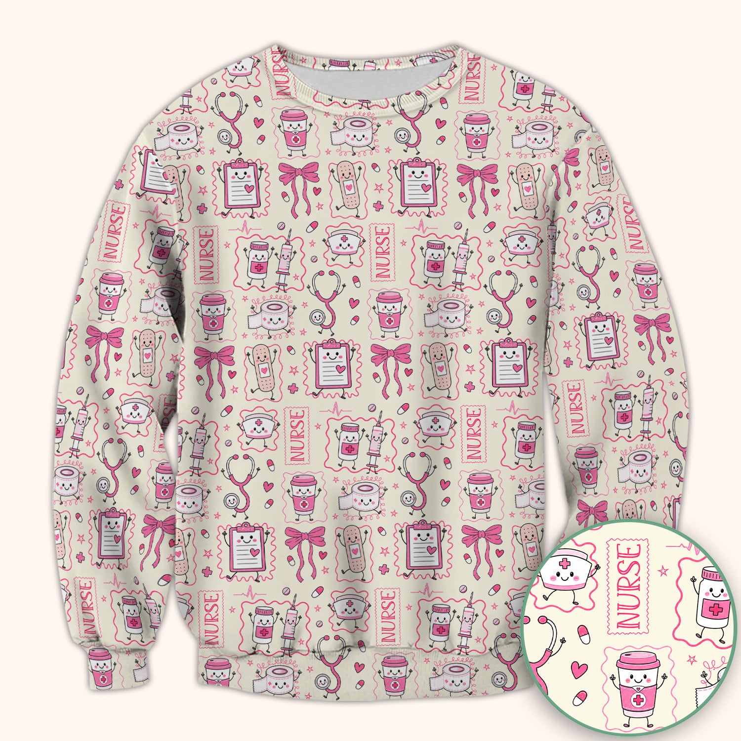 Cute Nurse Doodle with Bandage & Coffee Icons Scrub Top, Comfortable Scrubs for Nurses