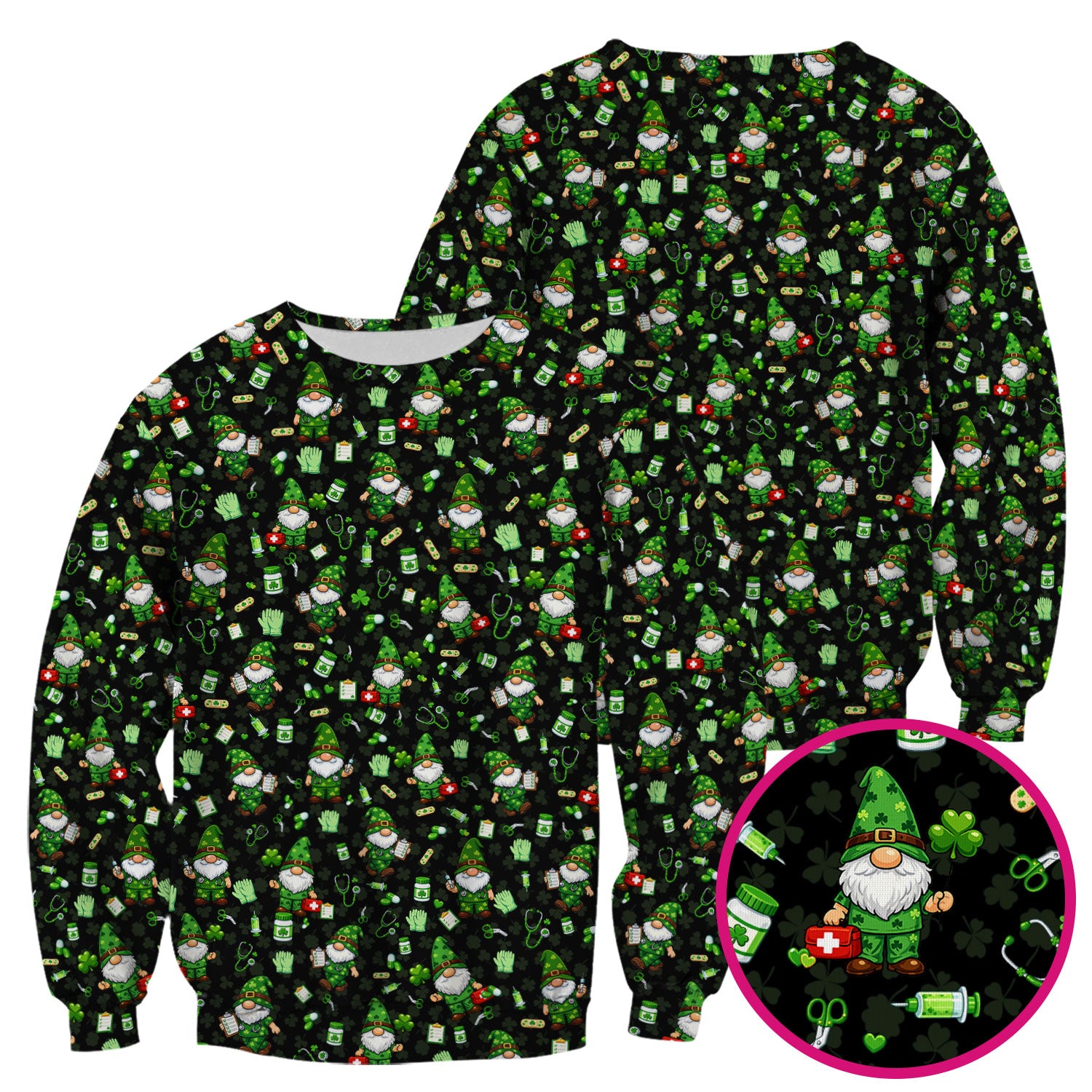 St. Patrick’s Day Nurse Gnome Scrub Top, Green Lucky Medical Pattern Nurse Shirt, Breathable Fabrics Nursing Uniform