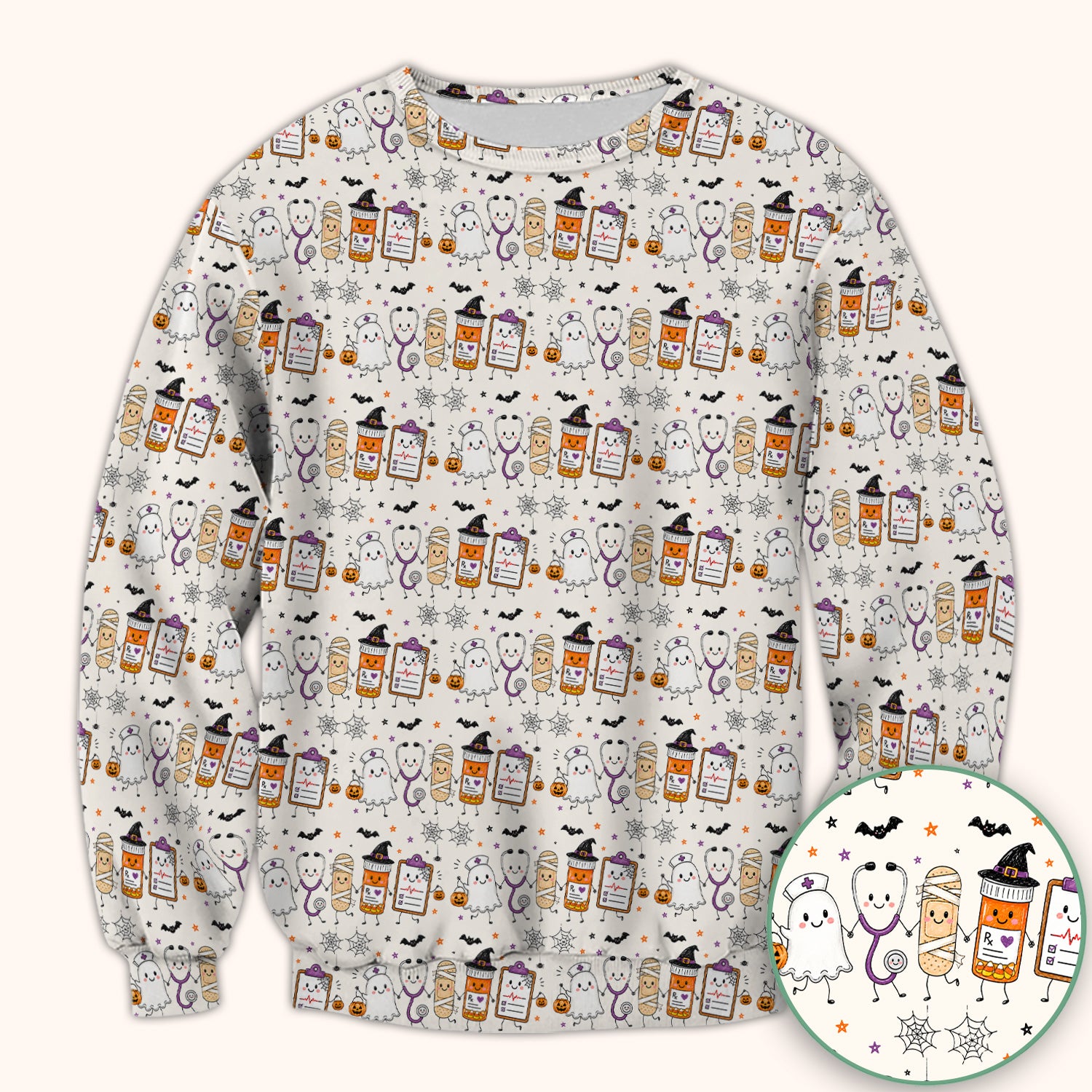 Halloween Medical Characters Print Scrub Top, Comfortable Scrubs for Nurses