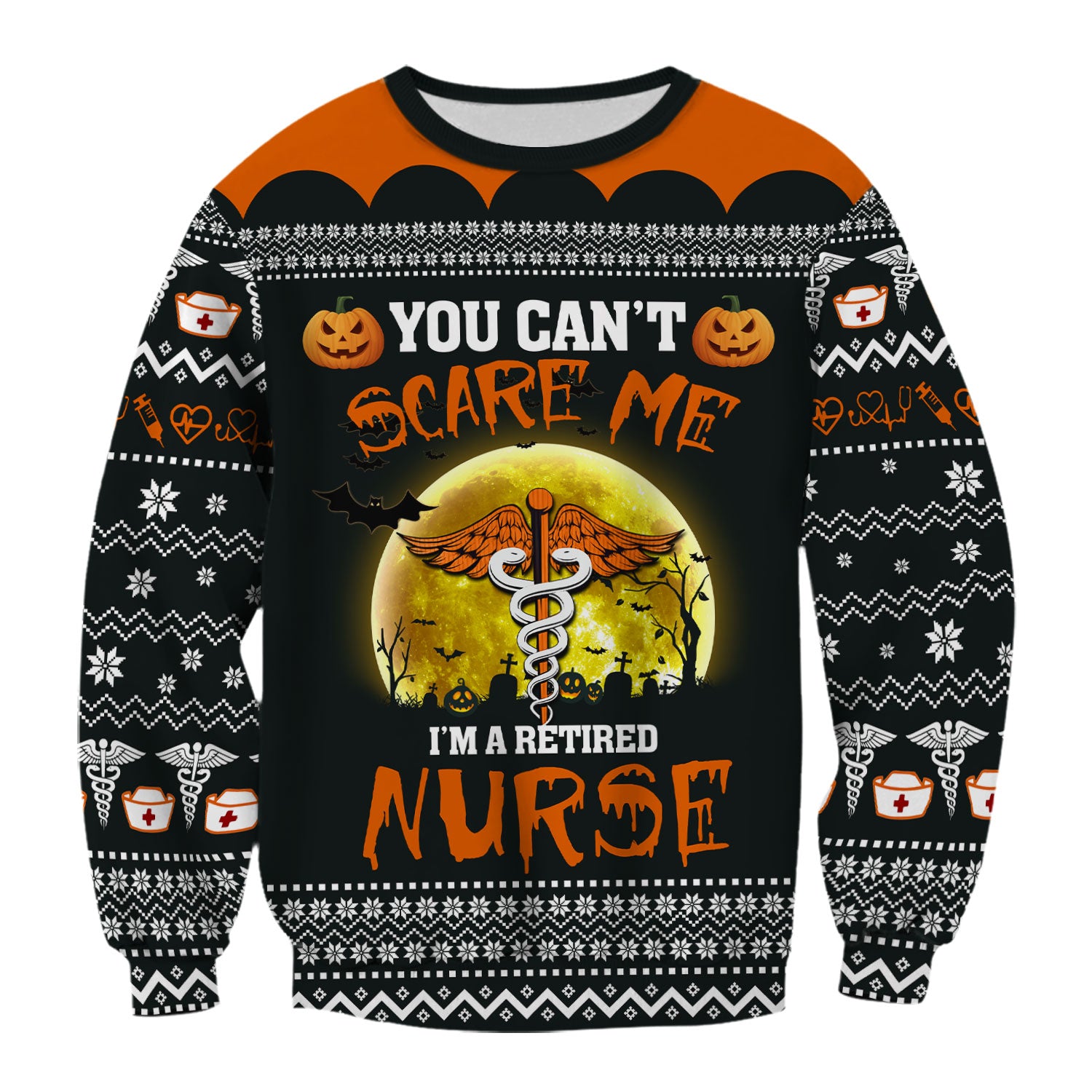 Funny Halloween Retired Nurse Scrub Top - You Can’t Scare Me Shirt - Spooky Pumpkin Medical Uniform Gift for RN LPN CNA