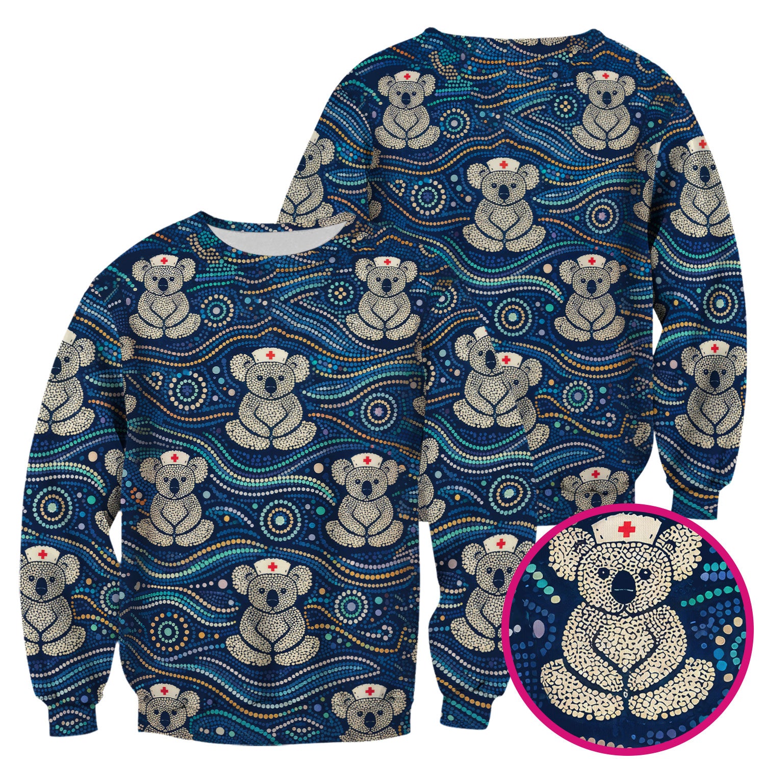 Koala Pattern Nurse Scrub Top, Aboriginal Dot Art Medical Shirt For Women, Breathable Fabrics Nursing Uniform