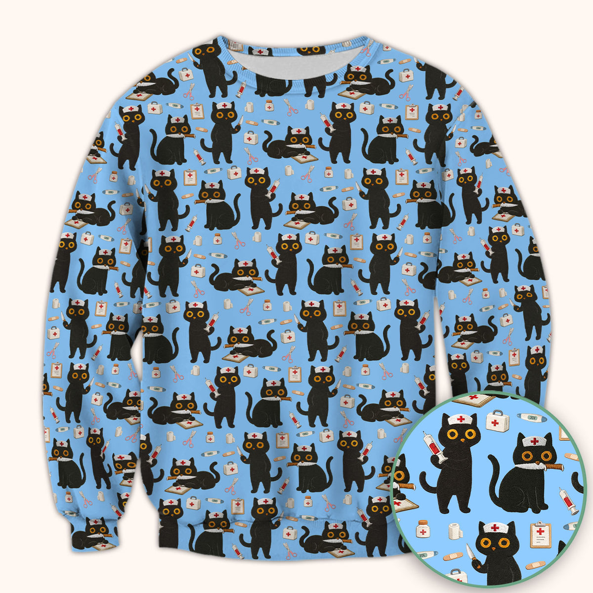 Cute Black Cat Nurse Pattern Scrub Top, Comfortable Scrubs for Nurses