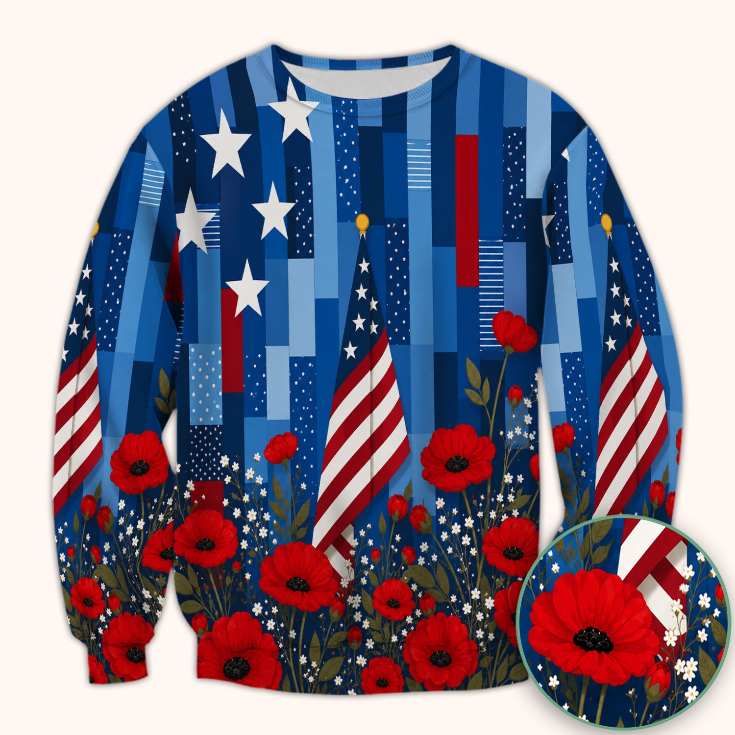 Patriotic Nurse Flag Poppy Pattern Scrub Top, Breathable Fabrics Nursing Uniform
