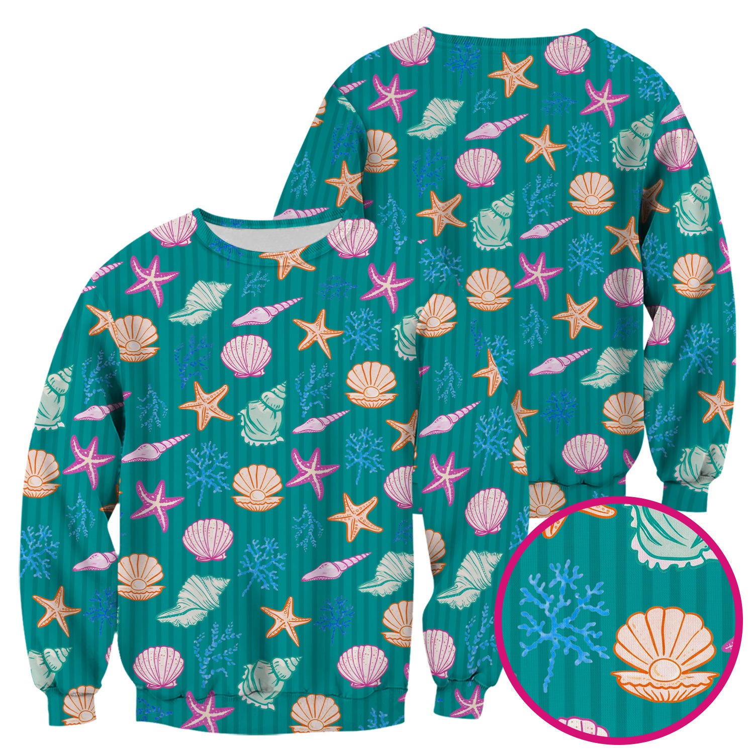 Colorful Seashell Starfish Ocean Stripe Pattern Scrub Top, Breathable Fabrics Nursing Uniform