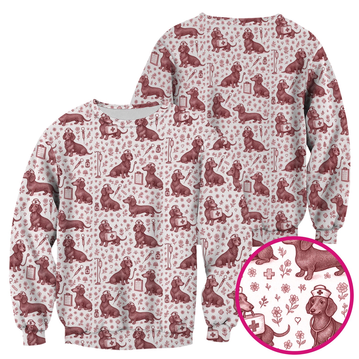 Dachshund Nurse Scrub Top - Cute Dog Pattern Scrubs for Women - Funny Medical Shirt with Vintage Line Art Design