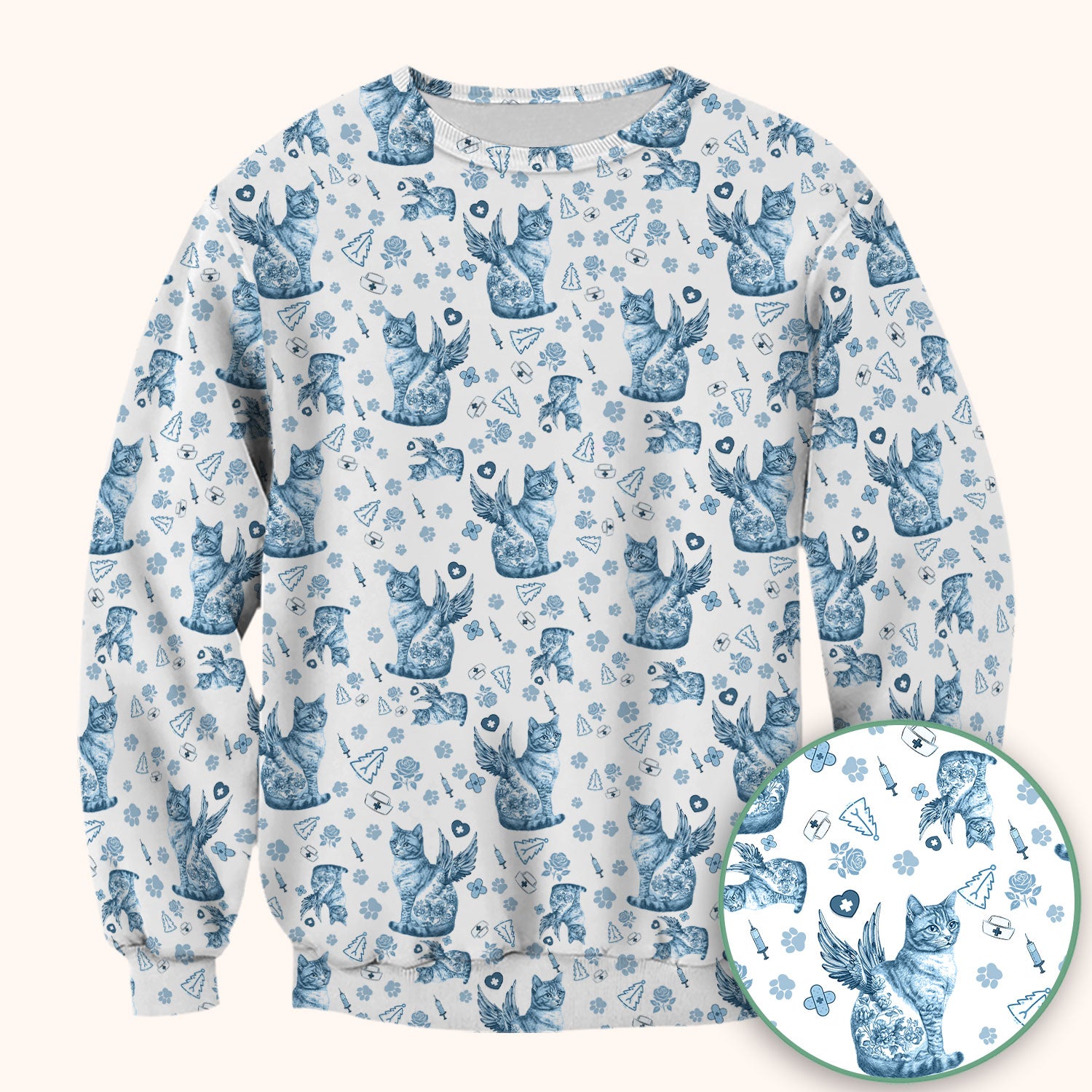 Toile de Jouy Cat Angel Scrub Top - Blue Vintage Nurse Shirt - French Style Medical Uniform for Women RN LPN CNA Gift
