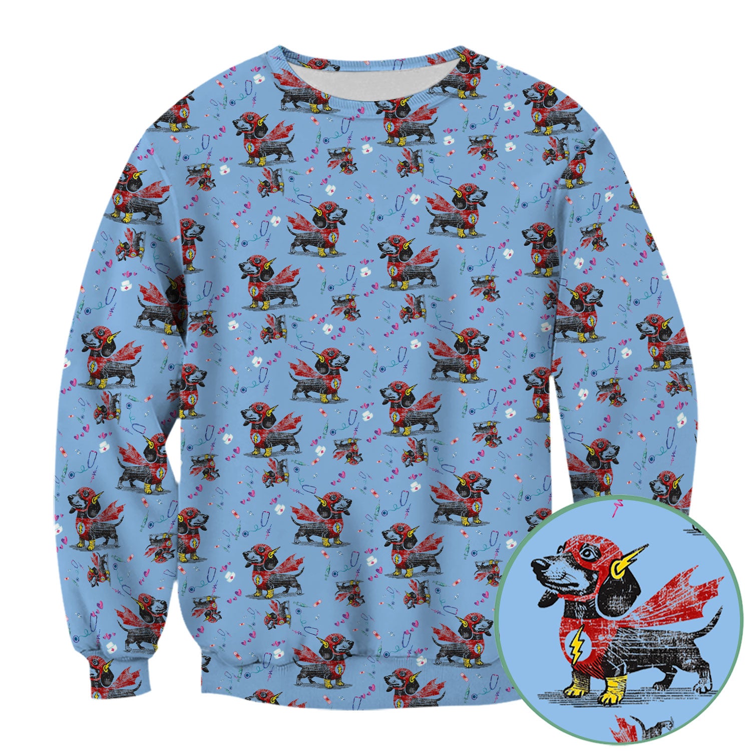 Dachshund Hero Scrub Top for Nurses - Super Nurse Funny Flash Dog Print Medical Uniform Shirt - Cute Sausage Dog Gift for RN CNA LPN