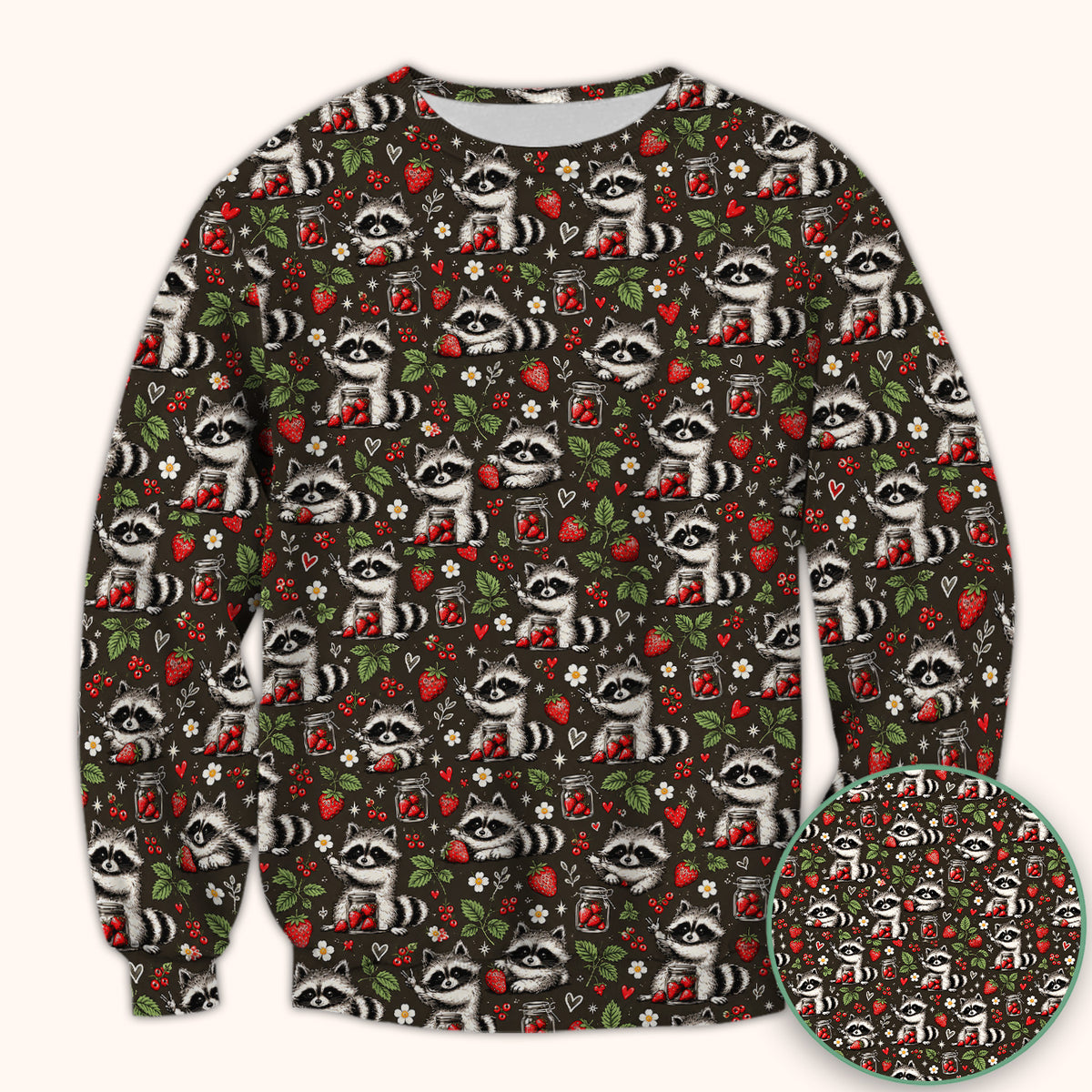 Cute Raccoons And Strawberries Pattern Scrub Top, Comfortable Scrubs for Nurses