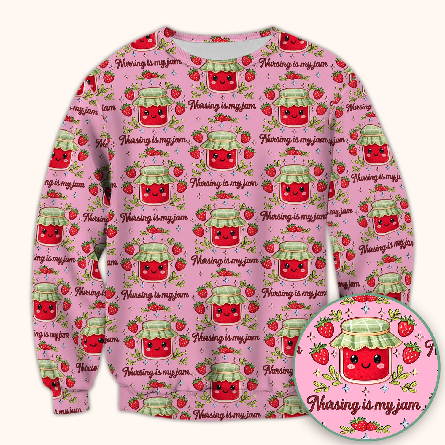 Cute Strawberry Jam Nurse Pattern Scrub Top, Breathable Fabrics Nursing Uniform