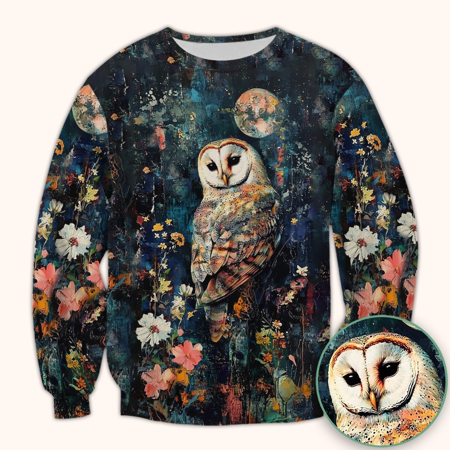 Moonlit Barn Owl Floral Pattern Scrub Top, Comfortable Scrubs for Nurses