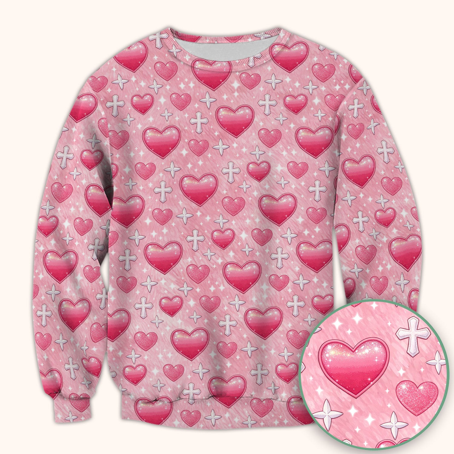 Pink Heart & Cross Pattern Scrub Top, Comfortable Scrubs for Nurses Uniform, Valentine's Day gift