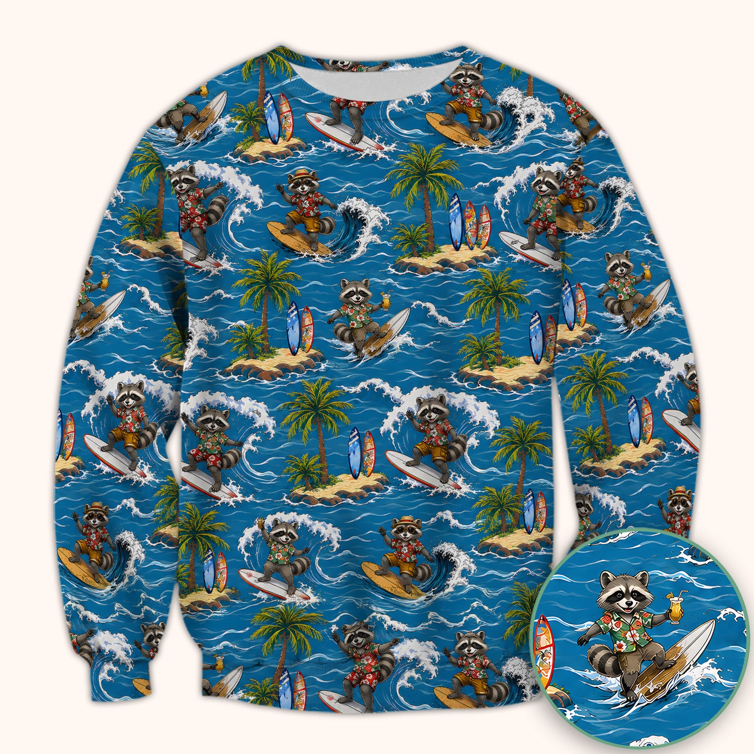 Tropical Surfing Raccoon Island Pattern Scrub Top, Comfortable Scrubs for Nurses