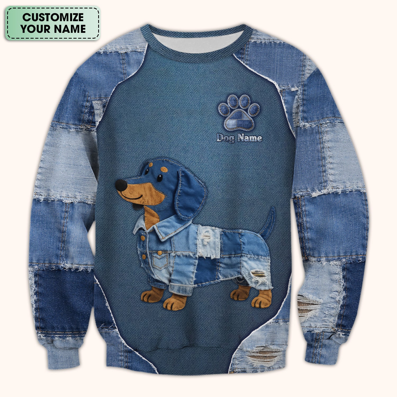Custom Dog Name Denim Dachshund Print Scrub Top, Comfortable Scrubs for Nurses
