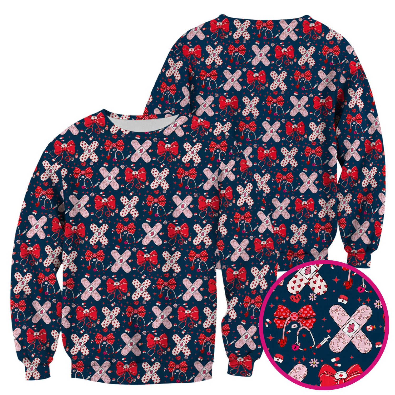 Valentine Nurse Scrub Top, Red Bow And Heart Bandage Pattern Medical Shirt, Breathable Fabrics Nursing Uniform