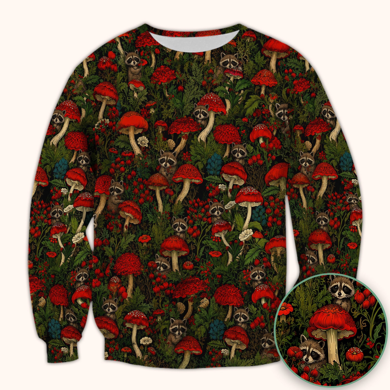 Woodland Raccoon Red Mushroom Pattern Scrub Top, Comfortable Scrubs for Nurses